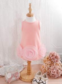 Vestito rosa elegante e dolce da ragazza con canotta, stile da strada, con rete sul davanti e decorazioni con fiori 3D, per l'estate