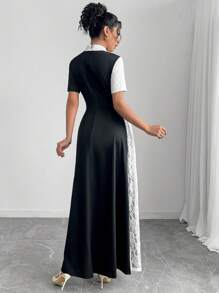 Modelyn Vestido elegante de mujer con panel de encaje y bloques de color - Blanco y Negro - Ver 2