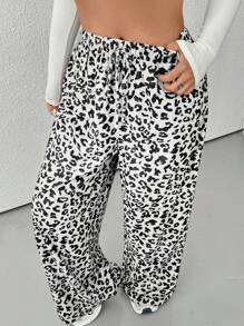 CovetEZ Plus Size Women Leopard Print Drawstring Waist Straight Leg Casual Pants, Winter - White - View 6