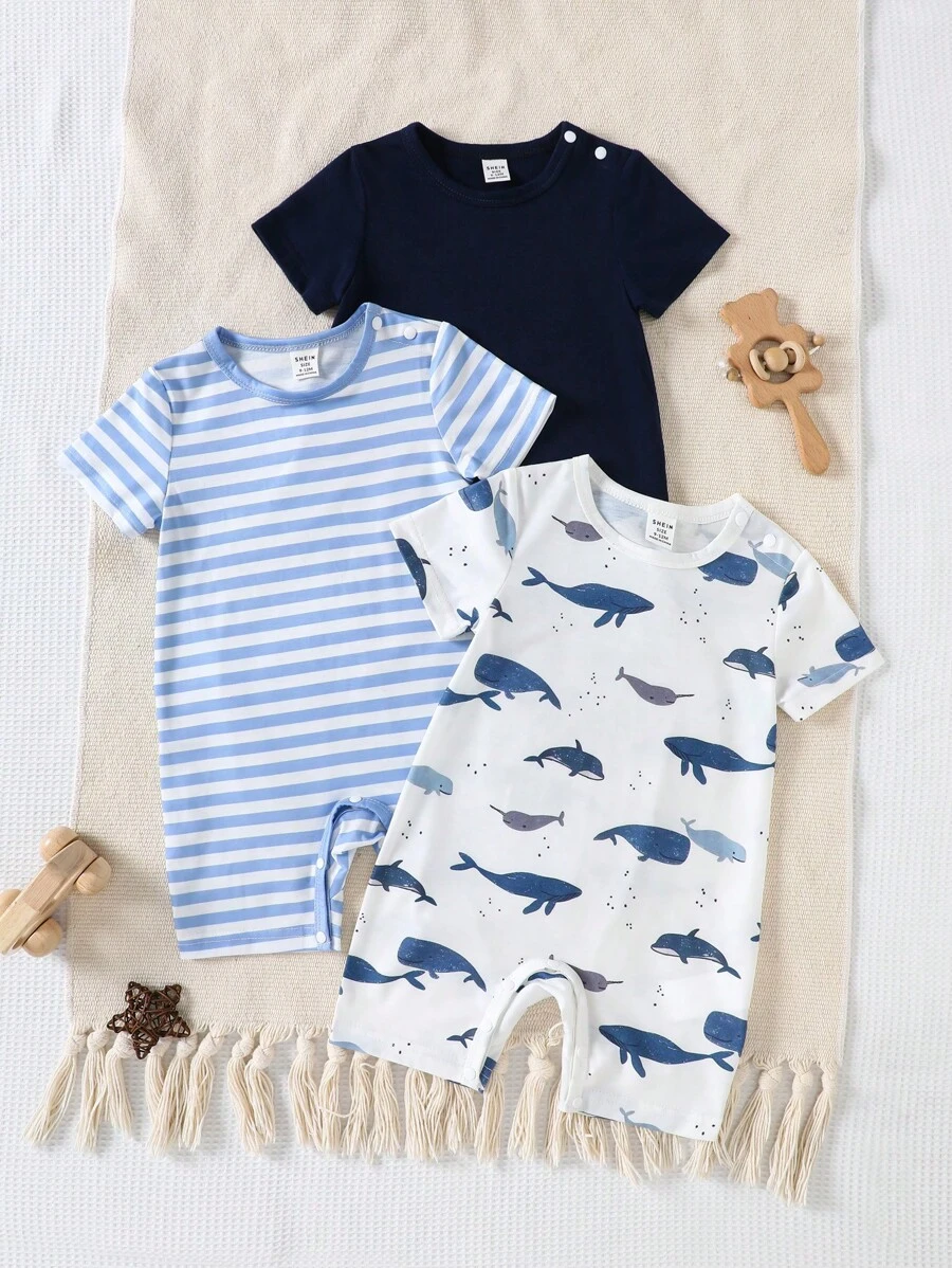 SHEIN Playful Pals 3pcs/Set Toddler Boys' Cute Print + Stripe + Solid Comfy Soft Romper, Suitable For Home, Outdoor Sports, Parties - Multicolor - View 1