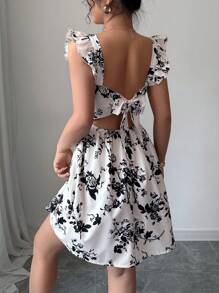 Rafferiza 女式波西米亚风格随机印花盖袖花卉印花连衣裙，适合度假海滩装 - 彩色 - 查看 5