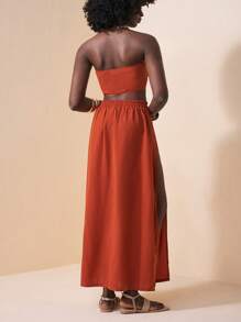 Slaydiva Vacation Style Tight Strapless Tube Top And High Slit Loose Wide Leg Pants For Summer - Brown - View 2