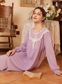 Côtesoire Lace Waffle Pattern Women's Nightgown, Simple & Fashionable, Suitable For Summer - Mauve Purple - View 4