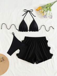 SHEIN Women's 3 Pieces Beach Summer Outfit: Solid Color Spaghetti Strap Strap Cami Top, Thong Bikini Bottoms, High Waisted Cutout Twist Swimwear Set - Black - View 3