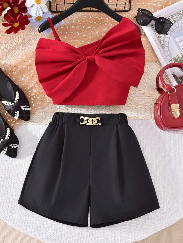 2 buc/Set Tween Girls Tank Top cu bretele roșii cu fundă roșie Pantaloni scurți negri asortați cu talie metalică, ținută elegantă de primăvară/vară