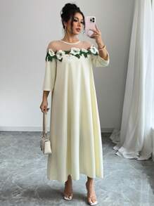 Elenzga Elegant Women's Mid-Length Mesh Patchwork Embroidered Decor Dress - Random Flower Print - Apricot - View 6