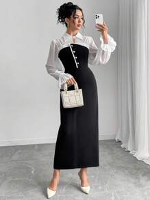 Modelyn Vestido largo de manga larga elegante con diseño de botones 2 en 1 para dama - Multicolor - Ver 6