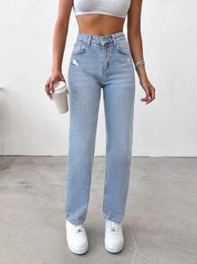 EURMUSE Women Casual Washed Ripped Straight Leg Jeans - Blue - View 3