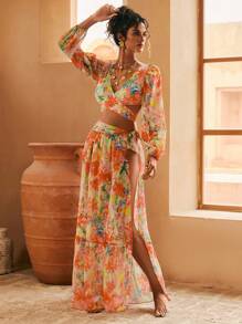 SHEIN Oasis Tropical Floral Print Ruffled 3-Piece Swimwear Set For Summer Beach Vacation - Orange - View 3