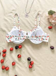 Swim Vcay 女士樱桃印花前系带比基尼上衣，夏日海滩 - 白色 - 查看 2