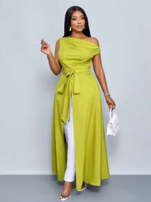 SOLERSUN Blouse asymétrique col plus grande taille avec fente à la cuisse et nœud devant, chemise épaule dénudée