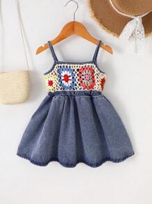 Baby Girl Denim Dress, Handmade Crochet Cute & Elegant Fashion Versatile Dress (Random Floral Ruffle Color Order)
