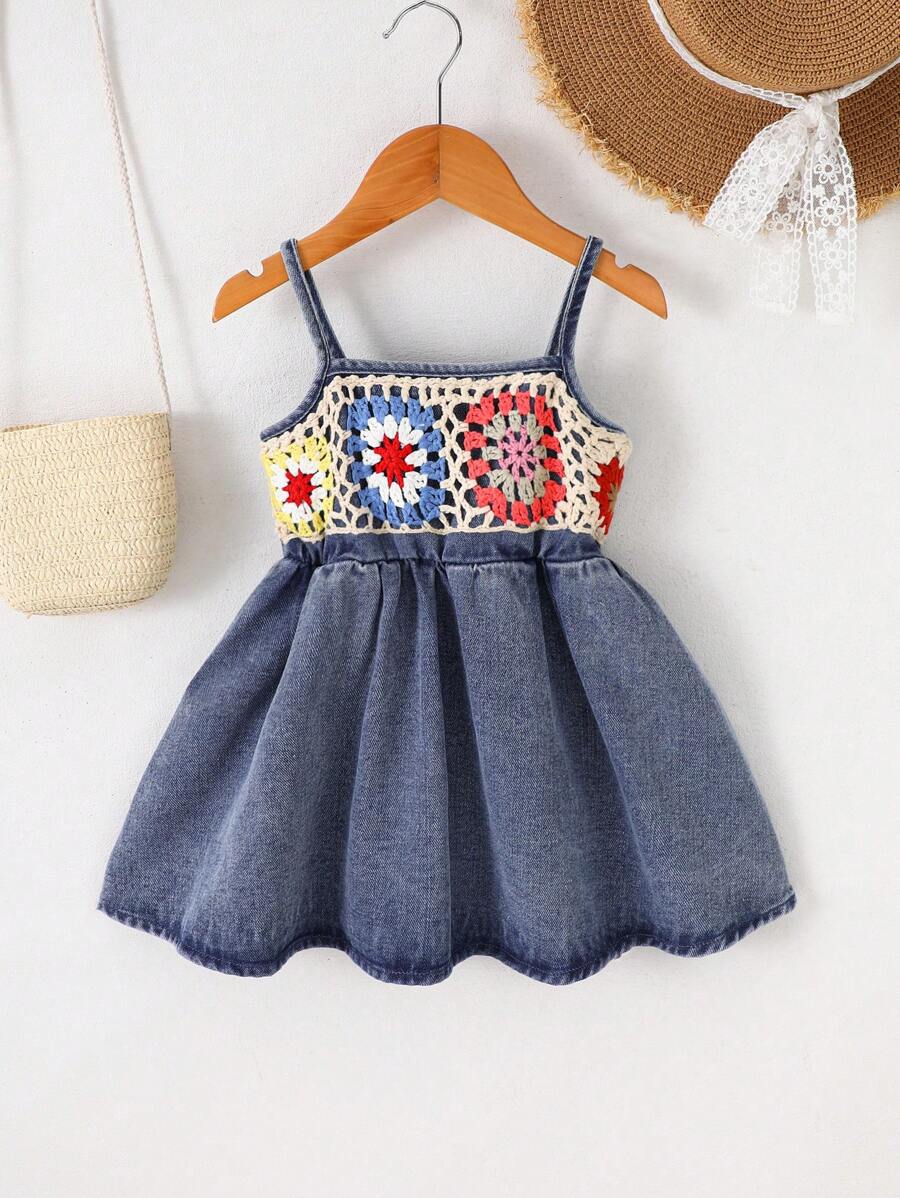 Baby Girl Denim Dress, Handmade Crochet Cute & Elegant Fashion Versatile Dress (Random Floral Ruffle Color Order)
