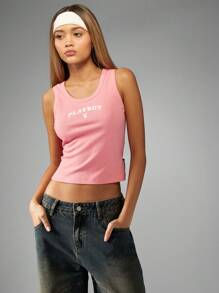 Missguided x Playboy Logo Ribbed Tank Top Retro Athletic Vest Urban Streetwear Summer Workout Racerback Sleeveless Basic Sport Fashion Y2K Gym Activewear - Watermelon Pink - View 7