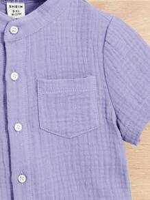 SHEIN Baby Boy Solid Color Short Sleeve Single-Breasted Pocket Shirt And Shorts Casual Outfit - Purple - View 4