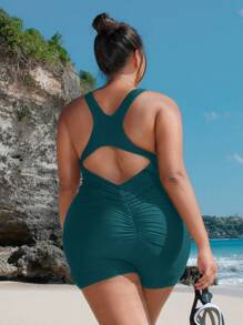 SHEIN Swim SPRTY 大码连体泳衣，纯色简约风格，适合夏季 - 墨綠色 - 查看 3