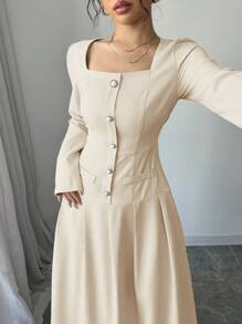 Elenzga Đầm nữ thanh lịch cổ vuông tay dài xếp ly eo, thu đông - Màu be - Xem 6