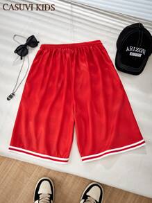 SHEIN Explorewe 1 件青少年休闲短款篮球字母印花宽松运动半短裤 - 紅色 - 查看 2