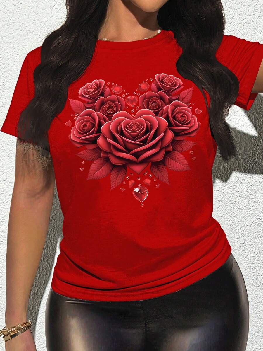 INAWLY 女式印花红玫瑰图案修身 T 恤，夏季 - 紅色 - 查看 1