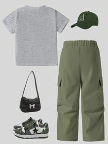 SHEIN 年轻女孩字母心豹纹圆领短袖 T 恤和工装裤套装 - 彩色 - 查看 7