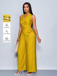 SOLERSUN Bộ 2 áo yếm và quần dài trơn màu mùa hè cho nữ, giản dị sang trọng - Màu Mù tạt vàng - Xem 1