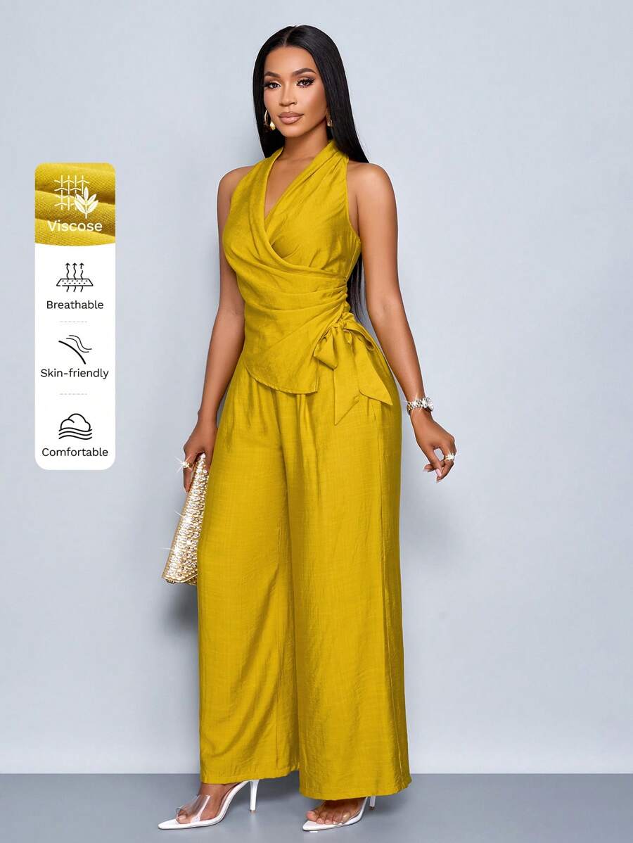 SOLERSUN Bộ 2 áo yếm và quần dài trơn màu mùa hè cho nữ, giản dị sang trọng - Màu Mù tạt vàng - Xem 1