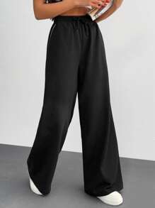 EURMUSE Women's Solid Seam Detailed Drawstring Sweatpants - Black - View 1