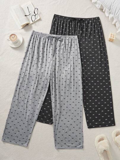SHEIN 2pcs Plus Size Women Knit Pajama Pants With Bow Print, Casual Loungewear With Long Cozy Pants, Suitable For All Seasons, Fall Winter Clothes