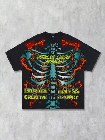 Goth T-shirt casual da uomo a maniche corte con stampa di slogan e scheletro, per Ognissanti