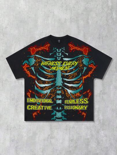 Goth Men's Casual Skeleton Slogan Print Short Sleeve T-Shirt, Halloween