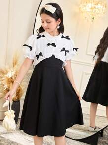 Tween-Mädchen 2-teiliges lässiges Set aus kurzem Hemd und Kleid mit Kragen, Rüschen und Schmetterlingsdekor, bequem und minimalistisch