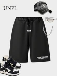 SHEIN Teen Boy Patch & Letter Print Loose Shorts - Black - View 1