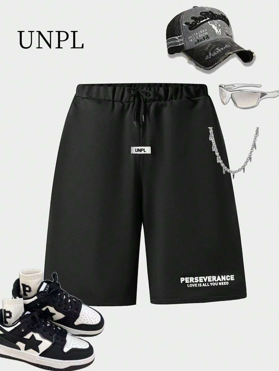 SHEIN Teen Boy Patch & Letter Print Loose Shorts - Black - View 1