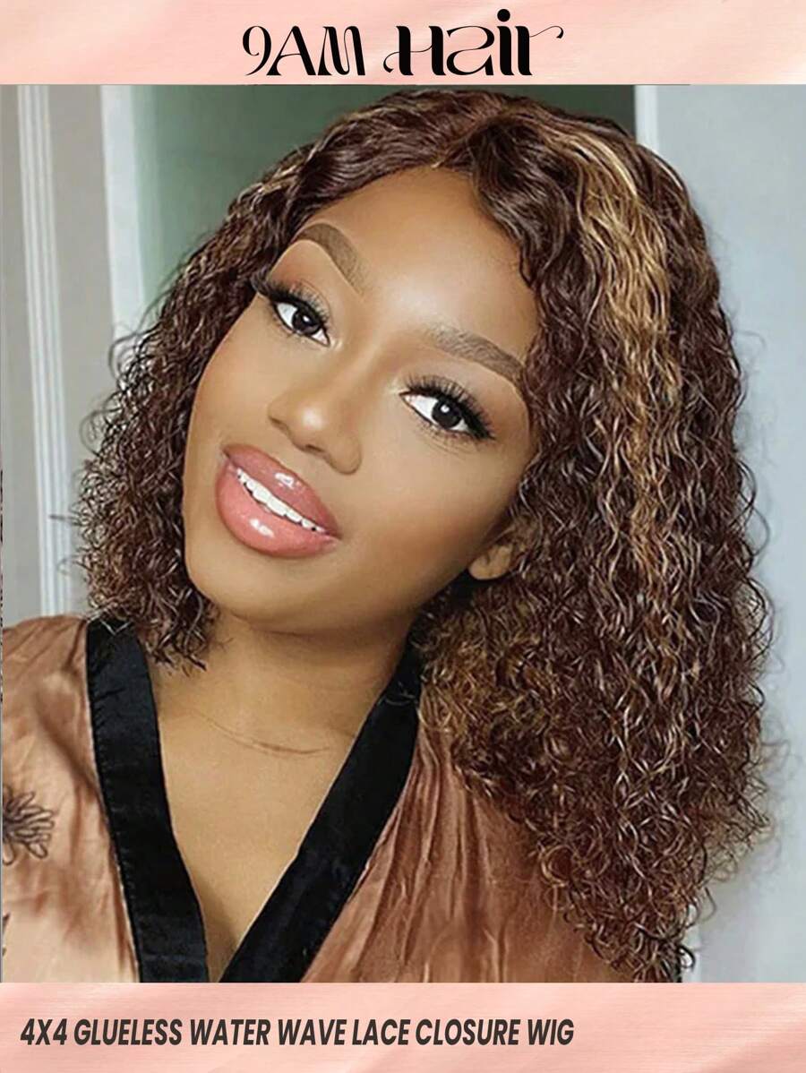 Glueless BOB Wigs Short Curly Water Wave Lace Closure Human Hair Wigs Pre Plucked Pre Cut 4X4 Lace Closure Wigs P4/27 Piano Color Highlight Wig Put On And Go Wigs Easy To Ware For Women