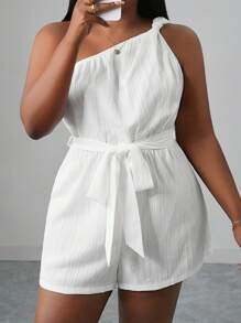 Slaydiva 2025 女式夏季休闲连体裤，百搭连体裤适合日常穿着、度假、邮轮旅行、海滩、日光浴，单肩扭腰，纹理面料，系腰，修身，白色 - 白色 - 查看 6