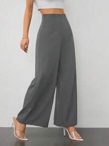 SHEIN PETITE Pantaloni a vita alta texture ampi casual di moda semplici da donna, adatti per la stagione back-to-school e per l'ufficio