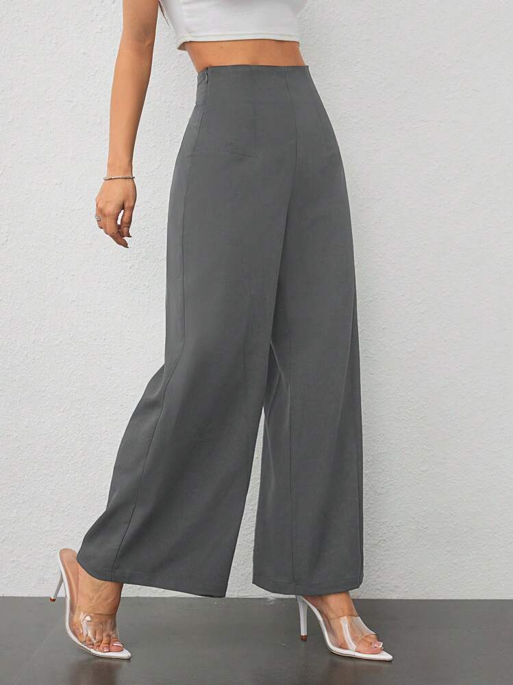SHEIN PETITE Pantalones anchos de cintura alta con textura, de estilo simple y casual, apropiados para la vuelta al cole y para uso diario - Gris Oscuro - Añade 8