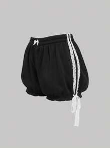 SHEIN MOD Plus Size  Black Lace Patchwork Bowknot Tie Waist Cute Girl Shorts.Cute  Summer Shorts Women - Black - View 3