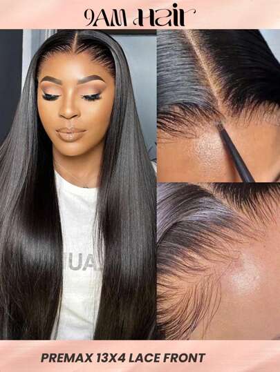Peluca frontal de encaje precortada de 13x4 de cabello humano virgen brasileño sin procesar, recto, sin pegamento, lista para usar para mujeres, 180% de densidad, con bordes completos, cierre frontal transparente de encaje, color natural, de 16 a 28 pulgadas