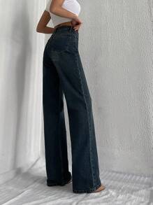 EURMUSE 100%Cotton Solid High Waist Casual Slant Pocket Wide Leg Jeans - Dark Wash - View 4