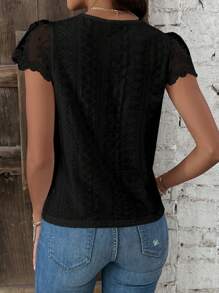 SHEIN Frenchy 女式蕾絲拼接短袖紋理面料夏季t卹 - 黑色 - 查看 3