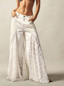 Bohemela Pantalones acampanados de cintura media de unicolor con estilo bohemio patchwork - Blanco - Ver 1