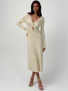 Aloruh 女士针织连衣裙，简约时尚，适合夏季 - 杏色 - 查看 5