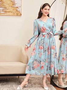 SHEIN Vestido com Decote em V, Manga Babado e Estampa Floral Miúda para Adolescentes