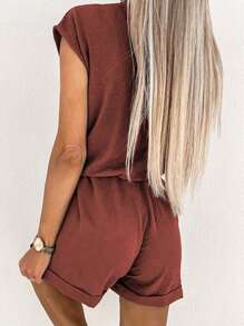 INAWLY Women's Casual Elegant Commute & Holiday Loose Fit V-Neck Cinched Waist Wrinkle Fabric Sleeveless Romper, Spring & Summer - Rust Brown - View 2