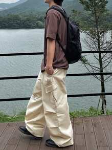 DAZY 春季纯色工装口袋设计卡其色男士长裤男士慢跑裤 - 杏色 - 查看 6
