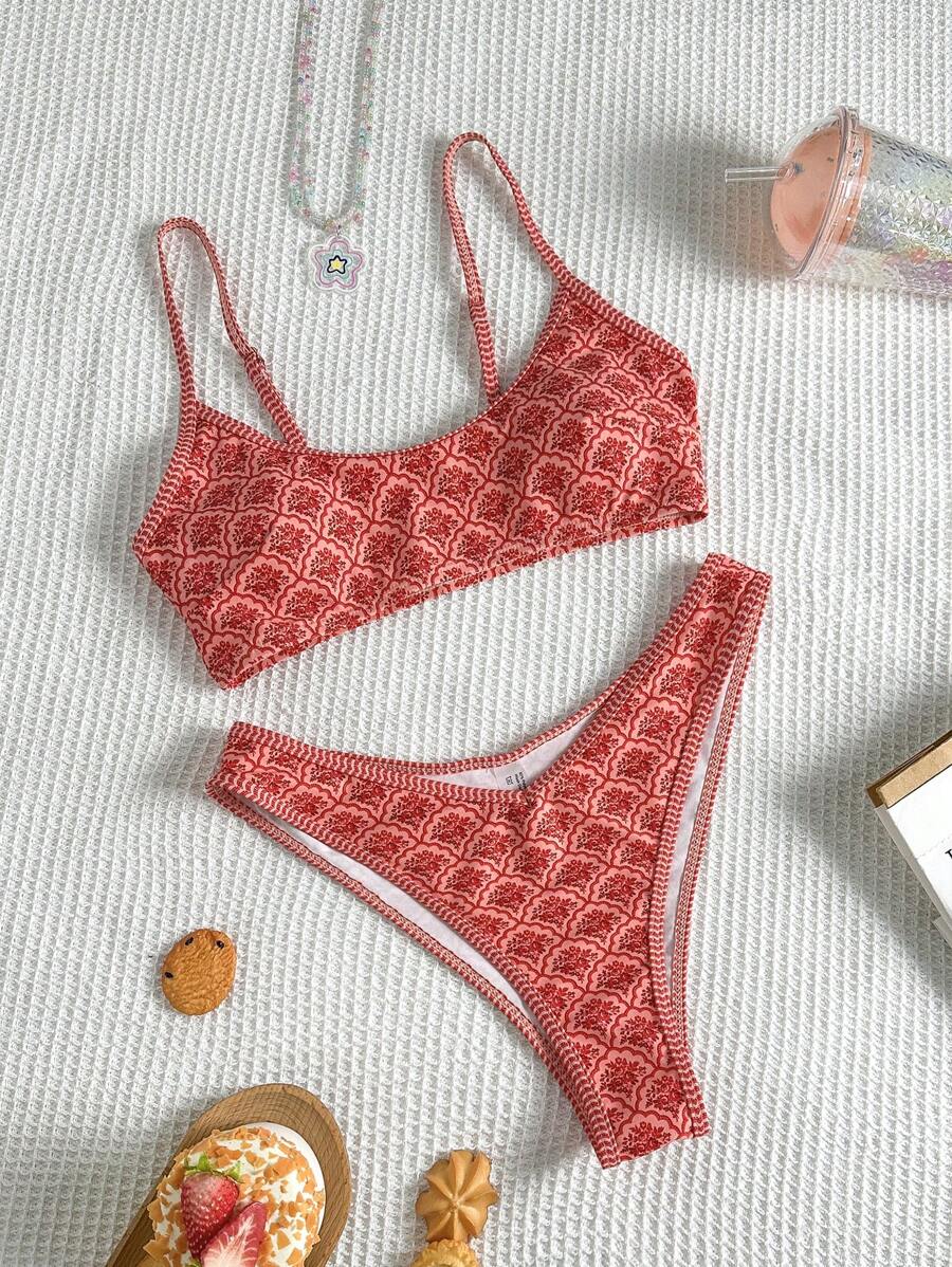 Swim Mod Spring Break Women Summer Random Print Spaghetti Strap Top And High Cut Bikini Shorts 2 Pieces Swimwear Set - Multicolor - View 1