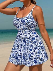 Swim Lushoire Set de 2 trajes de baño vestido estampado floral aleatorio sexy y elegante para mujer, ideal para playa, fiesta o Día de San Valentín - Azul y blanco - Ver 7