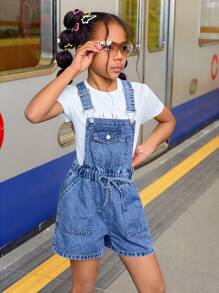 SHEIN Tween 女童夏季休闲度假宽松石洗系腰修身牛仔连体裤短裤带翻盖口袋，女童夏季海滩波西米亚风休闲装 - 中等水洗藍 - 查看 7