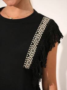 SHEIN Clasi Women's Summer Round Neck Short Sleeve T-Shirt, Black Fringe Trim On Cuffs, Tassel Shoulder Tape Knitted Fabric, Casual, Young, Versatile, Loose Fit, Suitable For Daily, Holiday, Music Festival